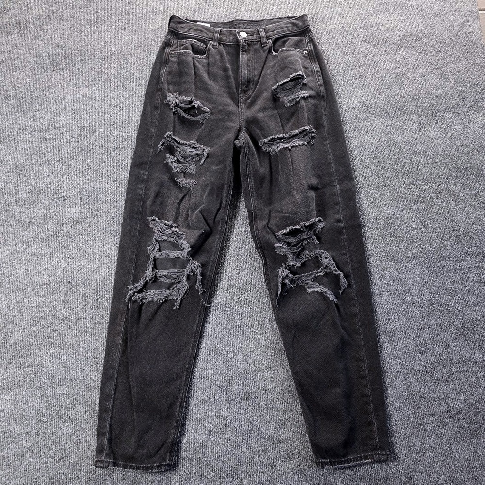 American Eagle Relaxed Mom Jean High Rise Distressed Faded Black Womens Size‎ 0